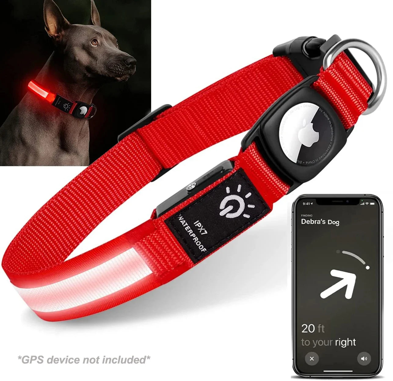 Rechargeable LED Light Dog Collar With Built-in AirTag Holder