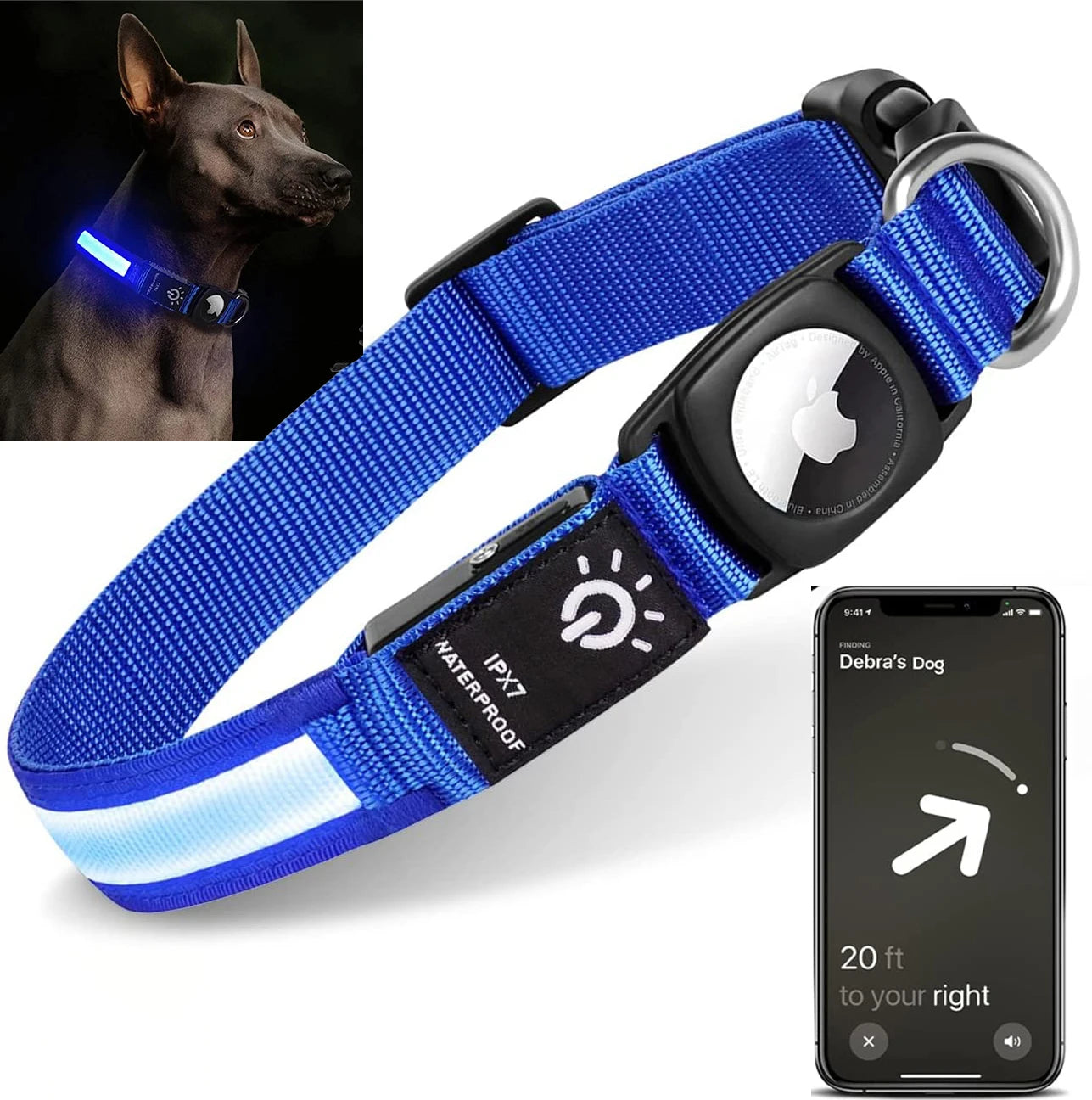 Rechargeable LED Light Dog Collar With Built-in AirTag Holder